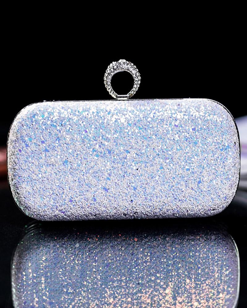 

Full Sequins Ring Clutch Purse Evening Bag, White