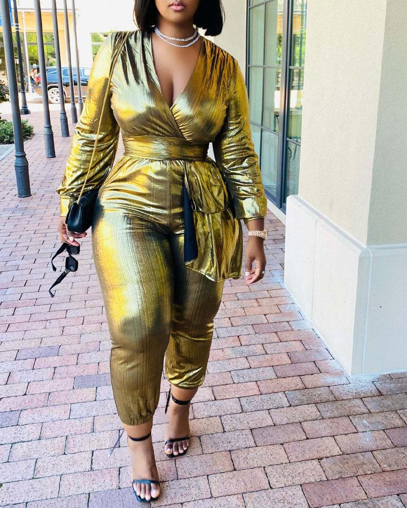 

Metallic Surplice Neck Long Sleeve Jumpsuit, Gold