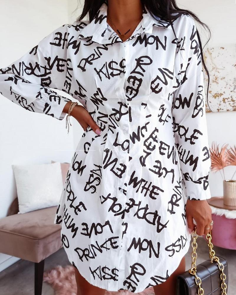 

Button Design Letter Print Shirt Dress, White