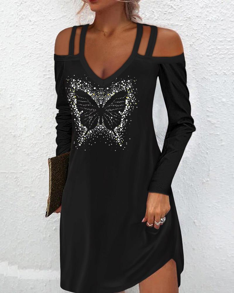 

Rhinestone Butterfly Cold Shoulder Casual Dress, Black