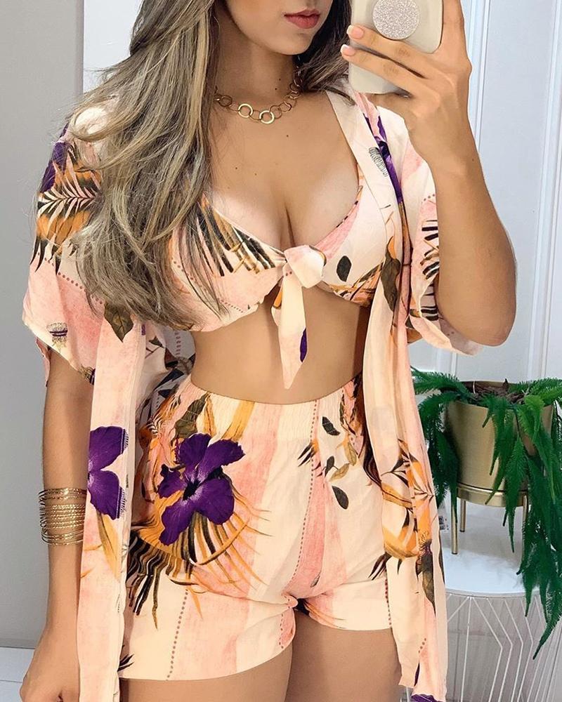 

Tropical Print Tie Front Top & Shorts Sets With Cover Up, Apricot