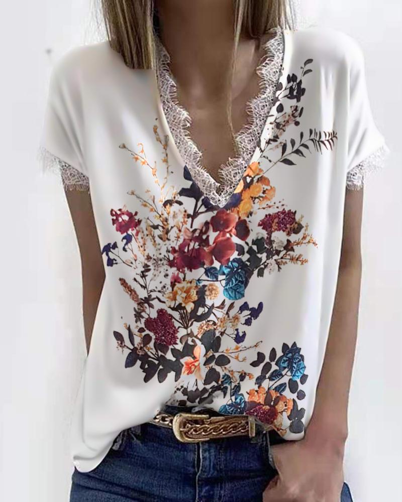 

Floral Print V-Neck Contrast Lace Top, White