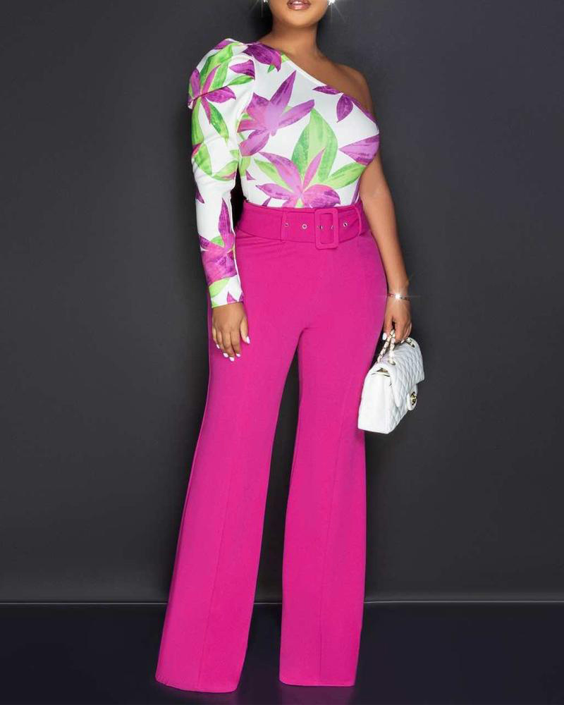 

Plants Print One Shoulder Top & Pants Set, Hot pink