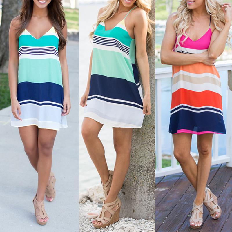 

Fashion Women' Sling Dresses Stripe Print Casual Dress Sleeveless V Neck Beach Dress, Red;blue;hot pink