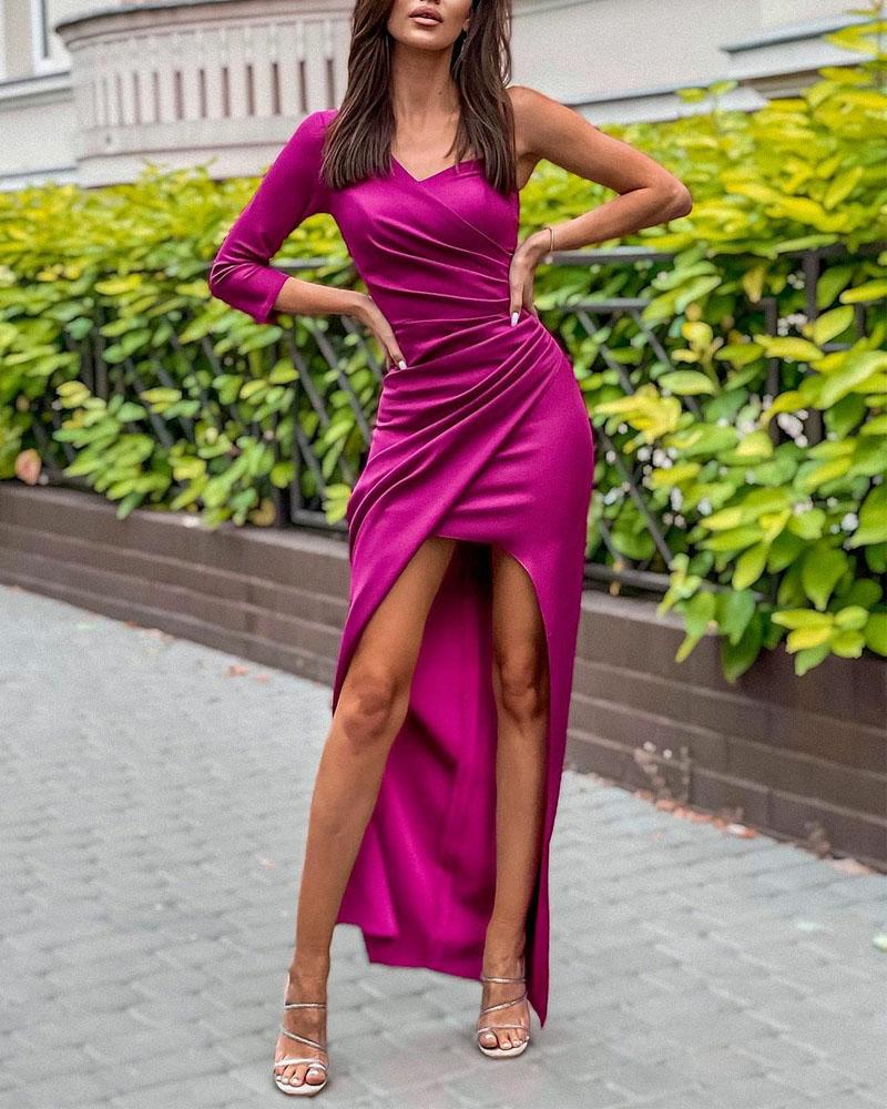 

One Shoulder Ruched Split Thigh Maxi Dress, Hot pink