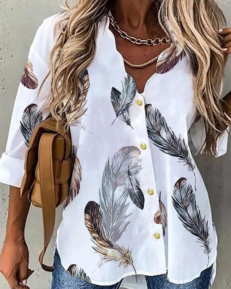 

Feather Print Button Decor Casual Top, White