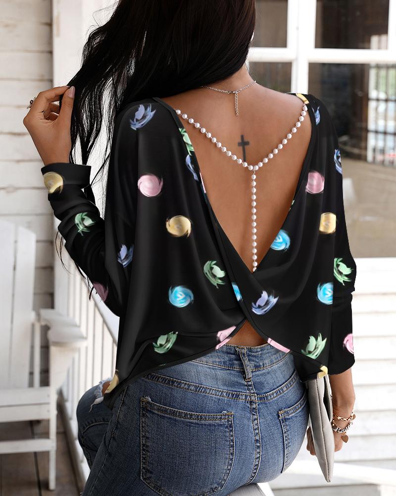 

Graphic Print Beaded Chain Strap Backless Twist Top, Black