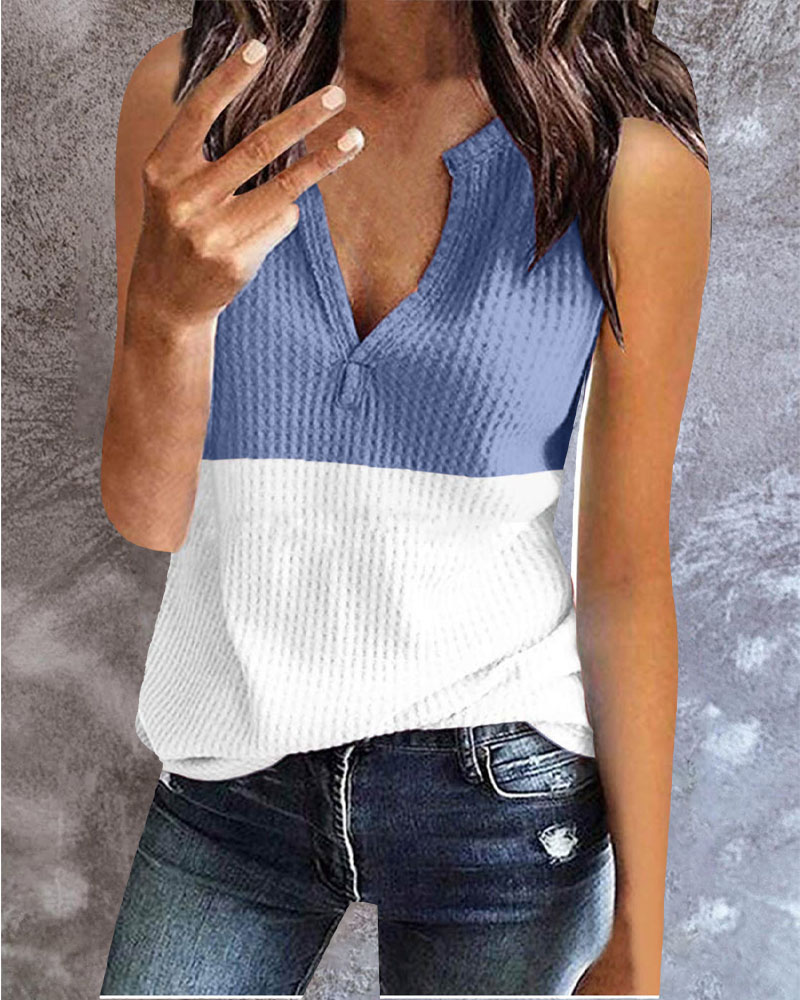 

Colorblock V-Cut Waffle Knit Casual Tank Top, Blue&white