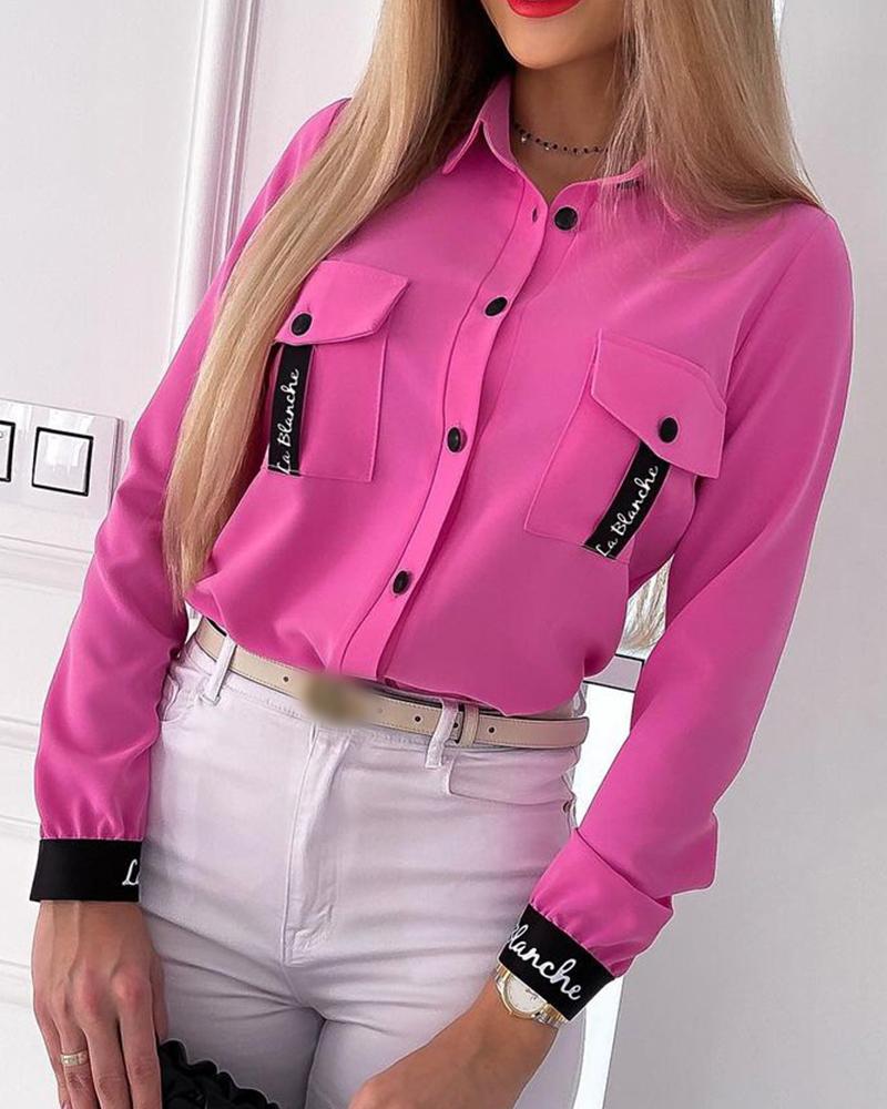 

Letter Print Colorblock Patch Button Up Flap Pocket Top, Pink