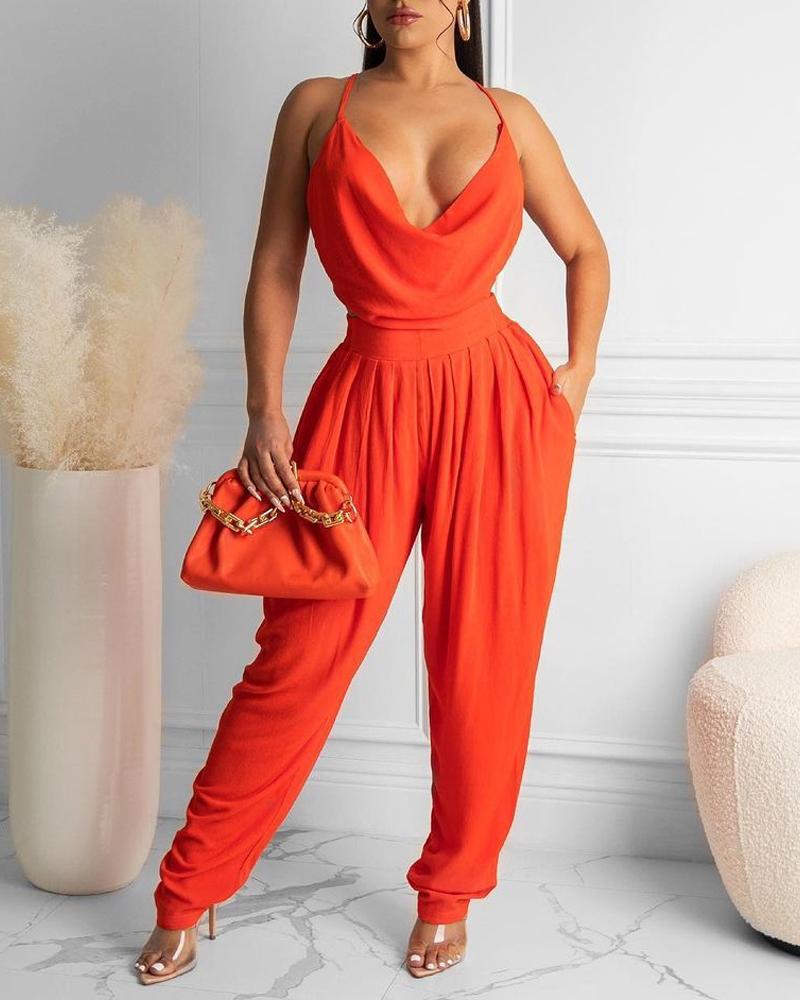 

Criss Cross Backless Cowl Neck Jumpsuit, Red