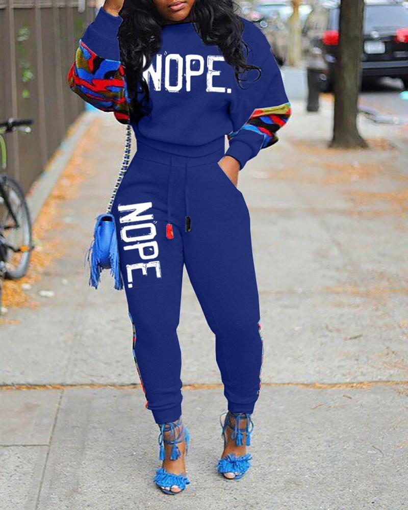 

Letter Camo Print Long Sleeve Casual Top & Pants Set, Blue