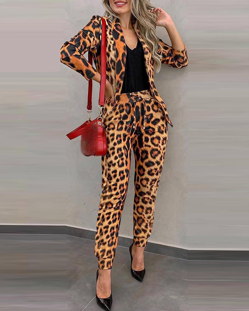 Cheetah Print Blazer Coat & Drawstring Pants Set