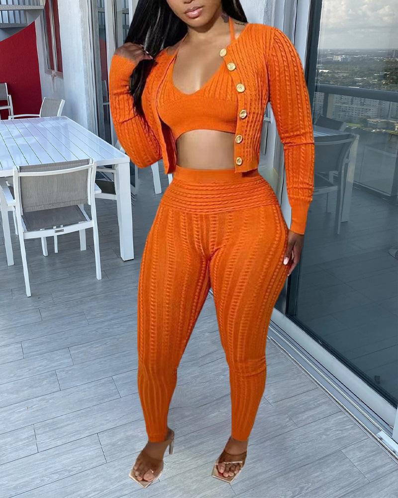 

3PCS Cable Knit Crop Top & High Waist Pants Set With Cardigan, Orange