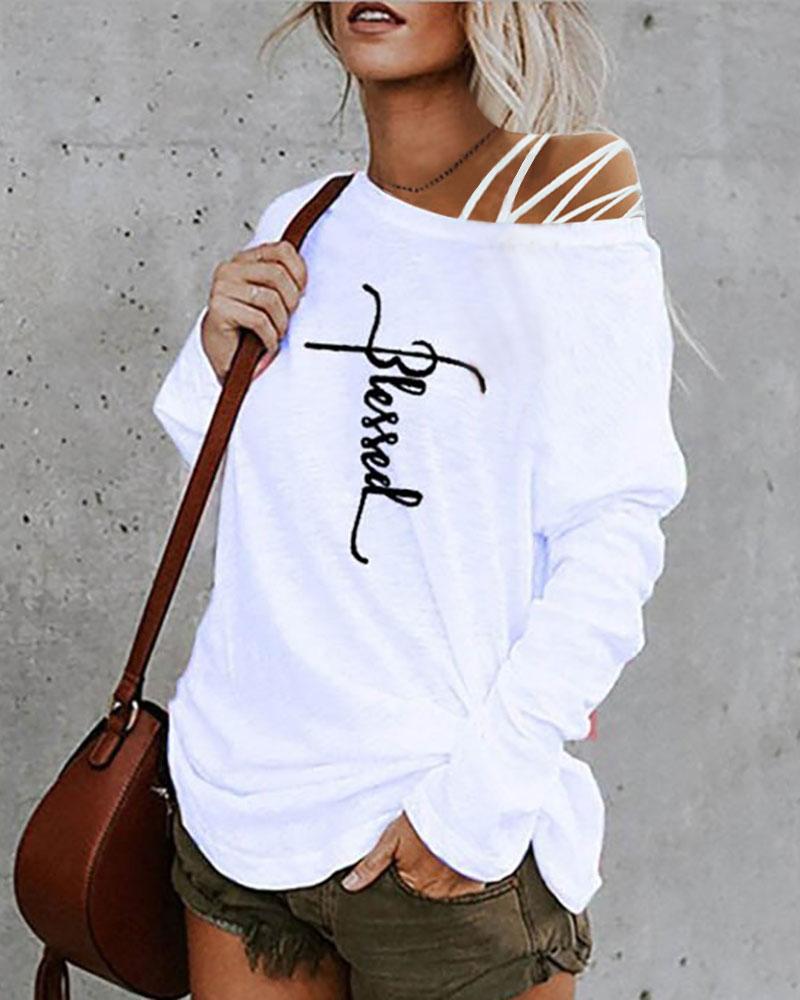 

Letter Print Cold Shoulder Top, White