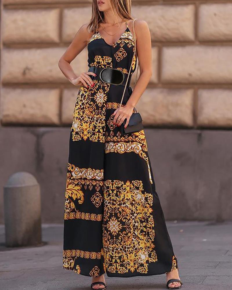 

Baroque Print Halter Backless Wide Leg Jumpsuit, Black