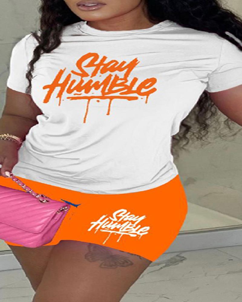 

Plus Size Stay Humble Print Casual Top & Shorts Set, Orange
