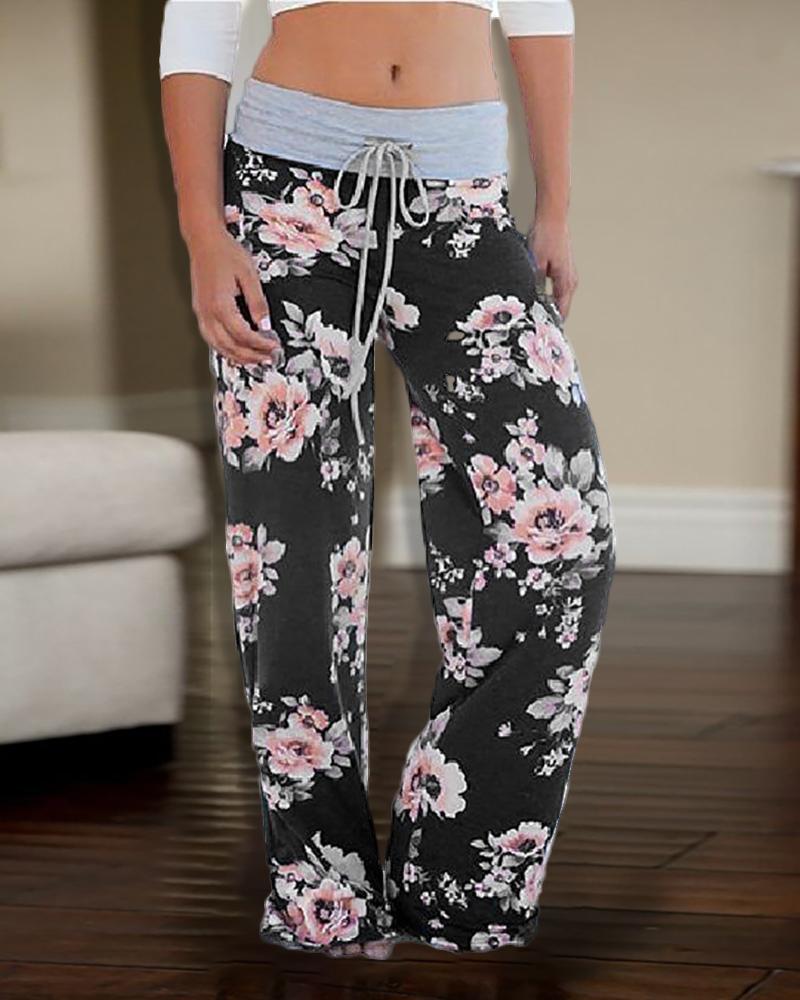 

High Waist Floral Print Casual Pants, Black