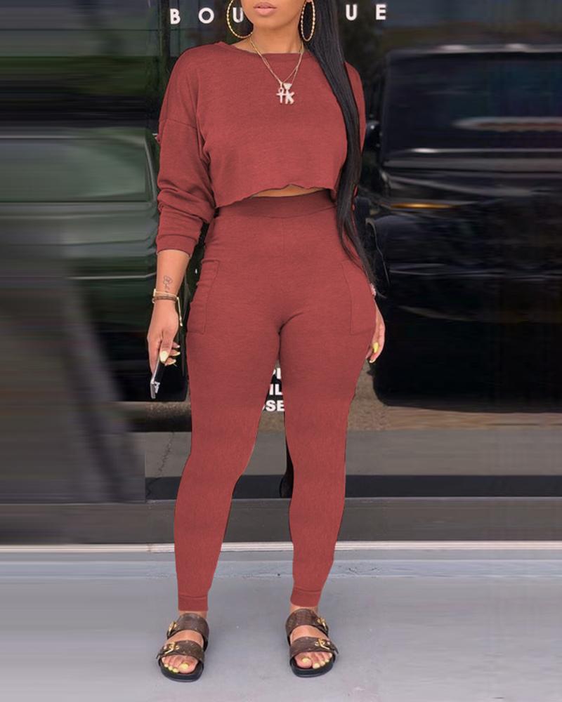 

Frill Hem Crop Top & Pocket Design Pants Sets, Wine red