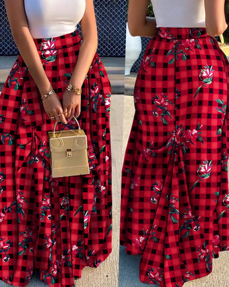 

Loose Patchwork Pleated Checker Print Maxi Skirt, Red
