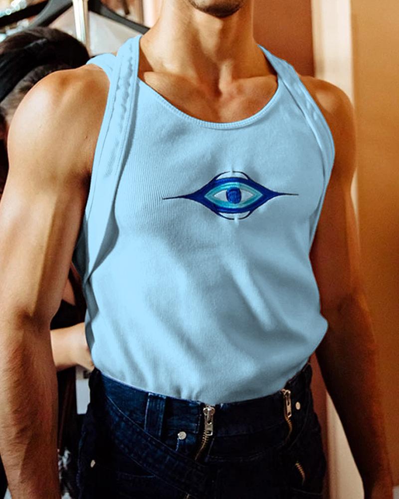 

Splicing Eye Embroidery Sleeveless Tank Top, Blue