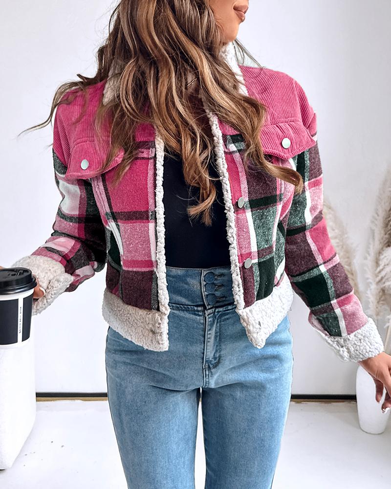 

Veste courte décontractée en velours côtelé à imprimé écossais vintage, col rabattu et boutons sur le devant, avec détails à rabat et bordure en fausse peau lainée, Hot pink