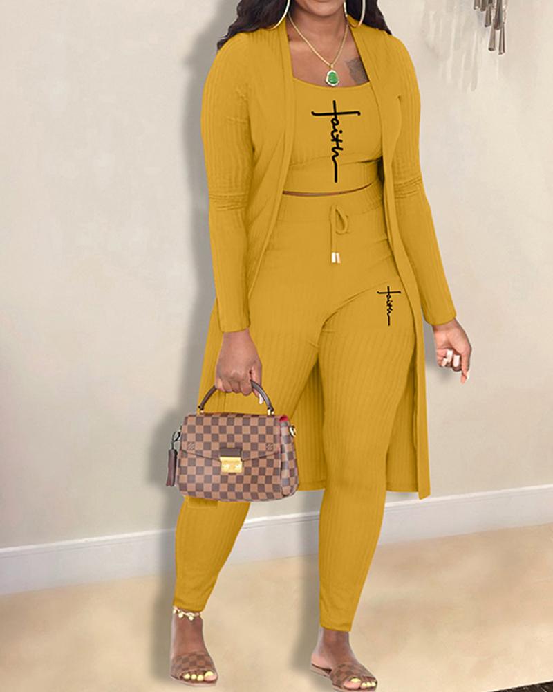 

Plus Size Faith Print Cami Top & Pants Set With Coat, Yellow