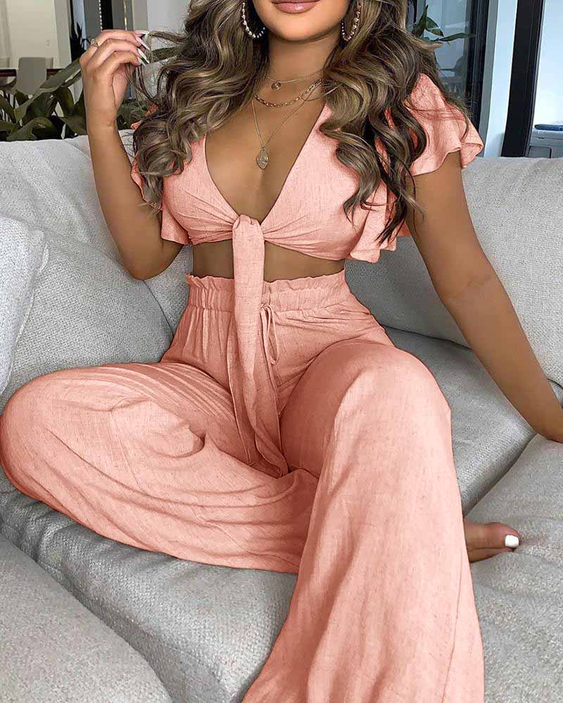 

Ruffles Sleeve Knotted Top & High Waist Pants Set, Pink