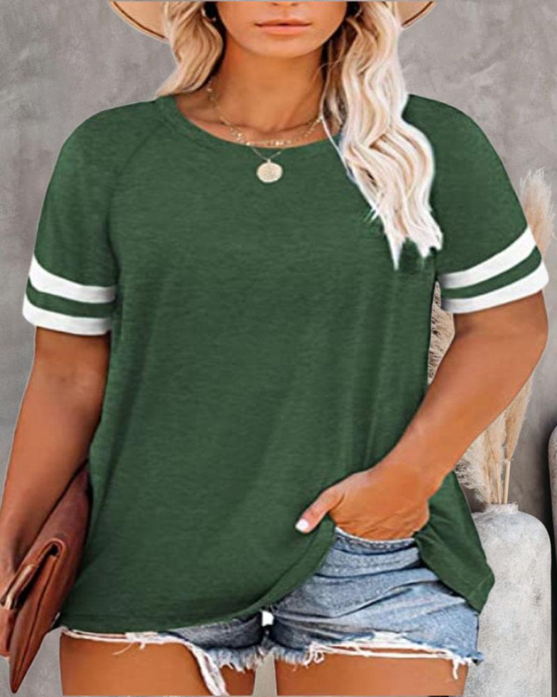 

Plus Size Contrast Paneled Short Sleeve Casual T-shirt, Green