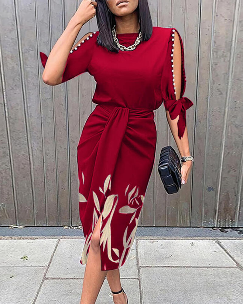 

Leaf Print Pearls Decor Knotted Work Dress, Red