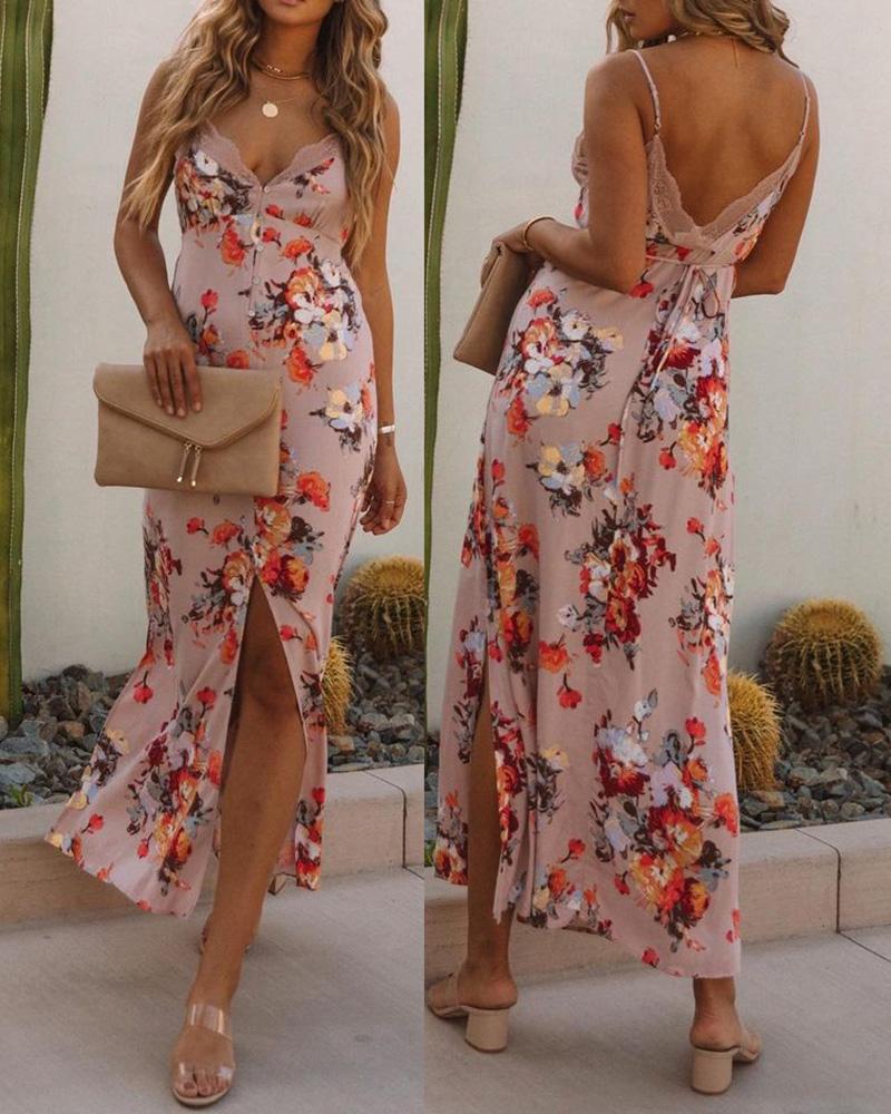

Spaghetti Strap Floral Print High Slit Maxi Dress, Pink
