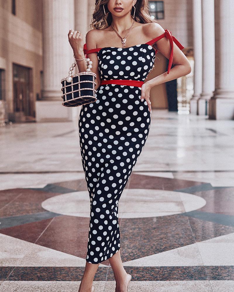 

Polka Dot Knot Shoulder Bodycon Dress, Black