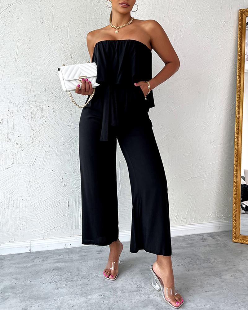 

Strapless Bandeau Pocket Design Ruffles Wide Leg Jumpsuit, Black