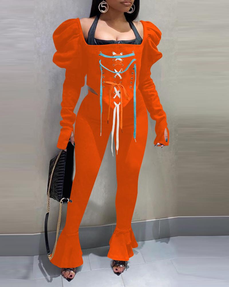 

Eyelet Lace-up Puffed Sleeve Top & Flared Leg Pants Set, Orange