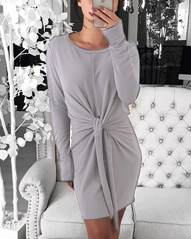 

Solid Long Sleeve Twisted Design Bodycon Dress, Gray