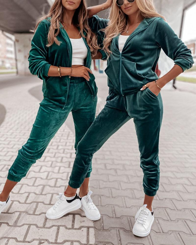 

Velvet Long Sleeve Hooded Zip Up Top & Pants Set, Green