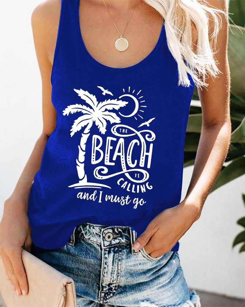 

Coconut Tree Letter Print Graphic Tee Summer Beach Vest Tank Top, Blue