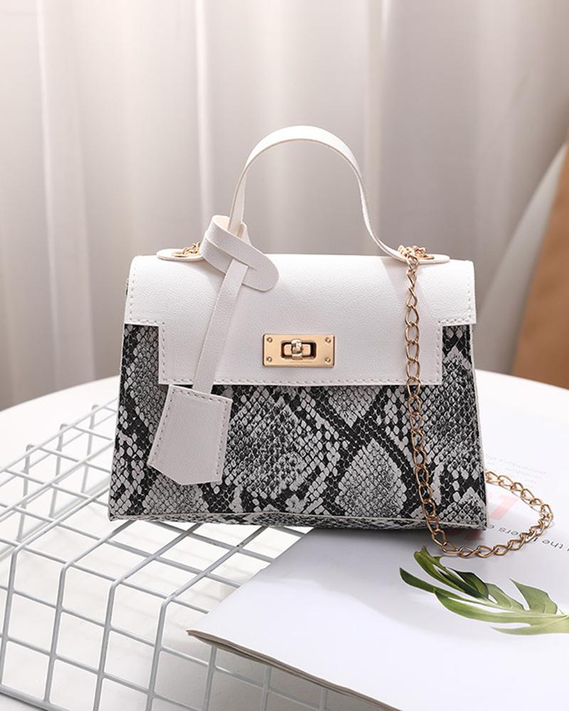 

Snakeskin Twist Lock Square Satchel Bag, White