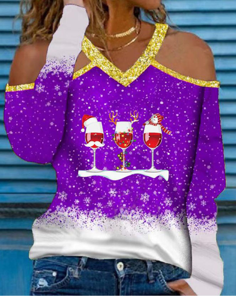 

Christmas Wine Glass Snowflake Print Cold Shoulder Top, Purple