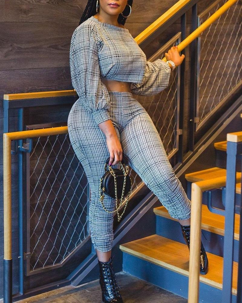 

Houndstooth Print Crop Top & Stacked Pants Set, Gray