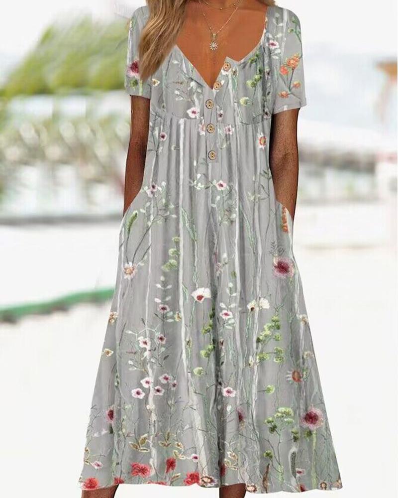 

Floral Print Pocket Design Ruched Casual Dress, Light gray