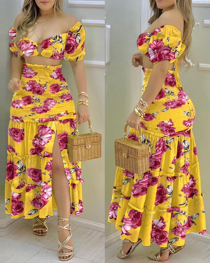 

Floral Print O-Ring Crop Top & Shirred Split Thigh Skirt Set, Yellow