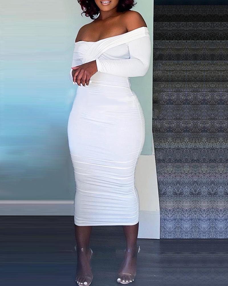 

Off Shoulder Ruched Crisscross Party Dress, White