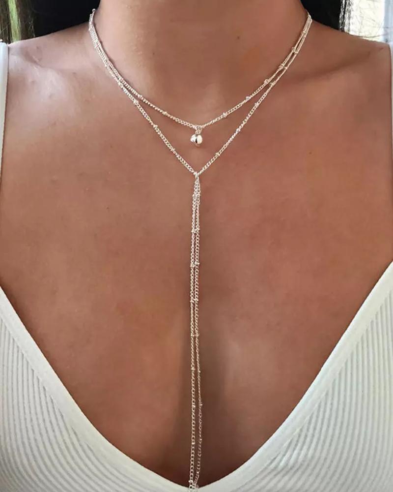

1pc Multi-layer Tassel Design Beaded Chain Necklace, Silver