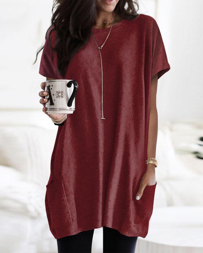 

Pocket Design Round Neck Casual T-shirt, Red