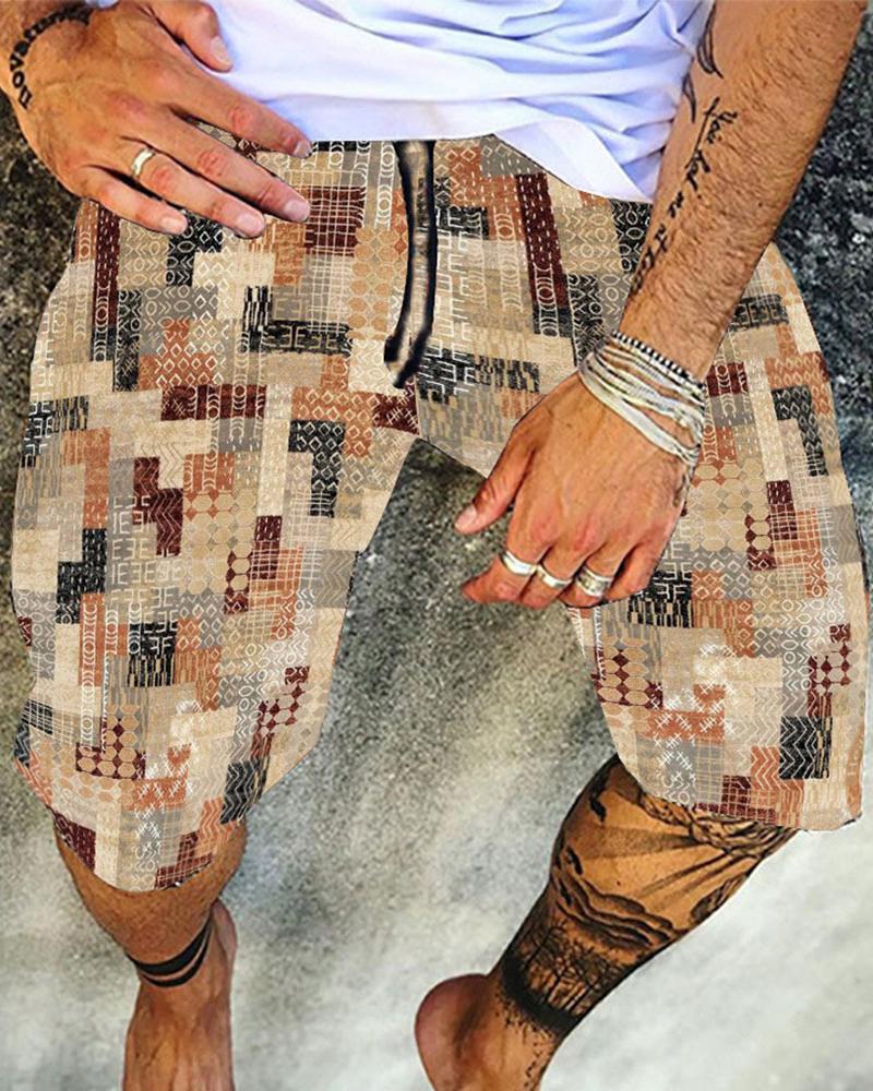 

Geometric Print Drawstring Loose Short Pants, Yellow