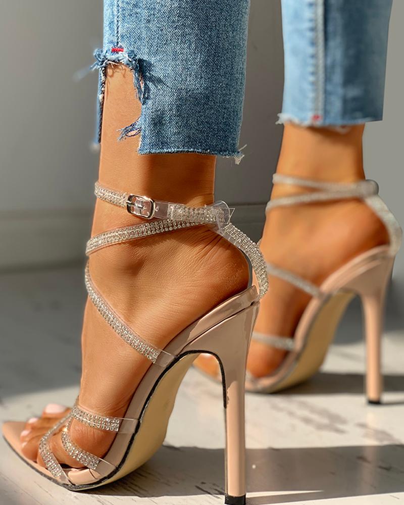 

Rhinestone Multi Strap Lace-Up Thin Heeled Sandals, Apricot