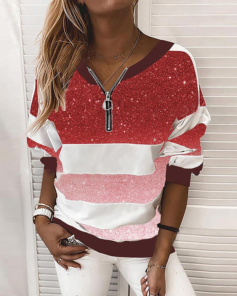 

Colorblock Glitter Zipper Front Drop Shoulder Sweatshirt, Red
