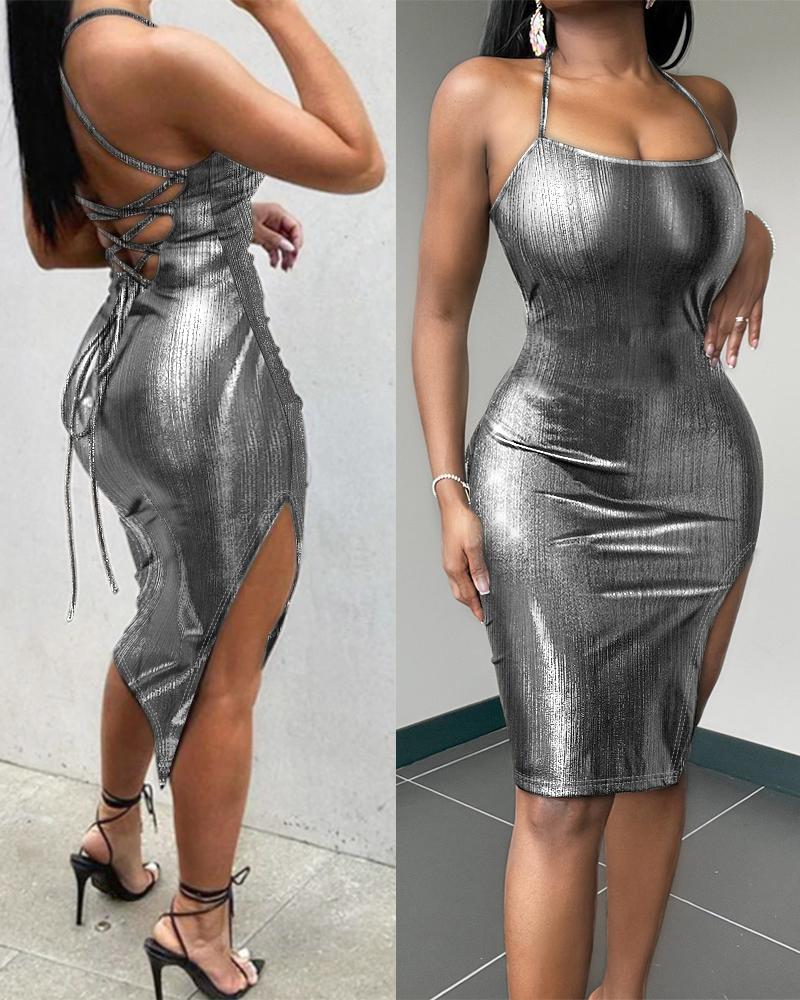 

Backless Slit Metallic Bodycon Dress, Gray