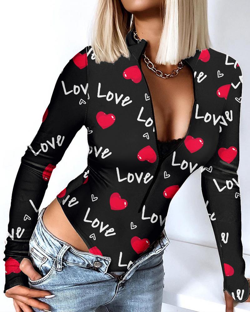 

Valentine' Day Heart Letter Print Long Sleeve Bodysuit, Black