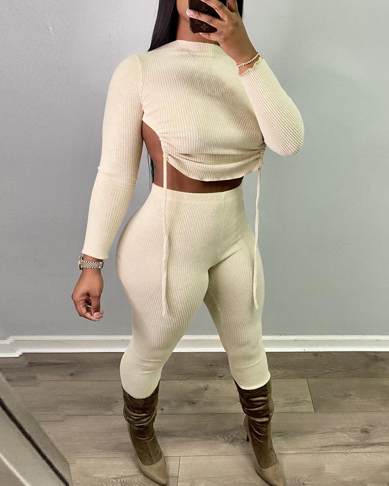 

Ribbed Asymmetrical Backless Drawstring Top & Pants Set, Apricot